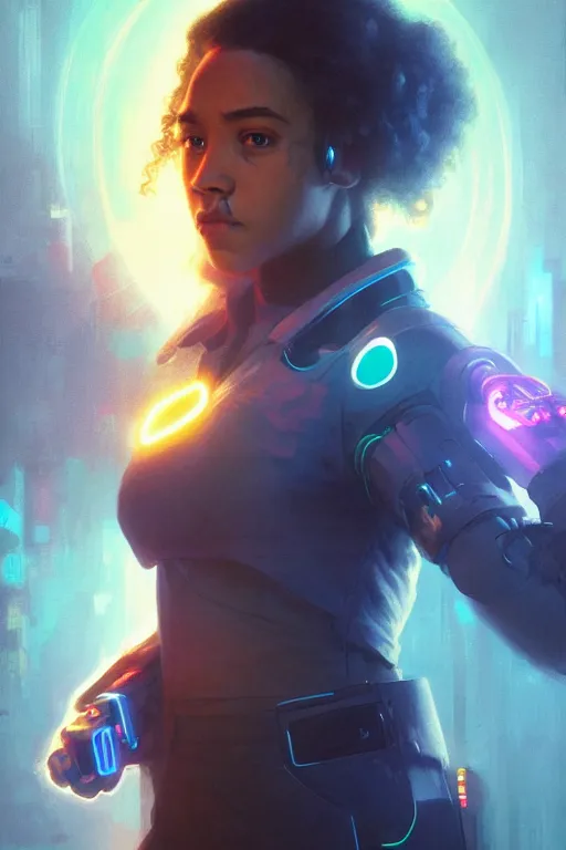 Image similar to portrait of cyborg Hermione Granger in cyberpunk, neon lighting, night city, digital art from artstation by Ruan Jia and Mandy Jurgens and Artgerm and william-adolphe bouguereau and Greg Rutkowski and Wayne Barlowe