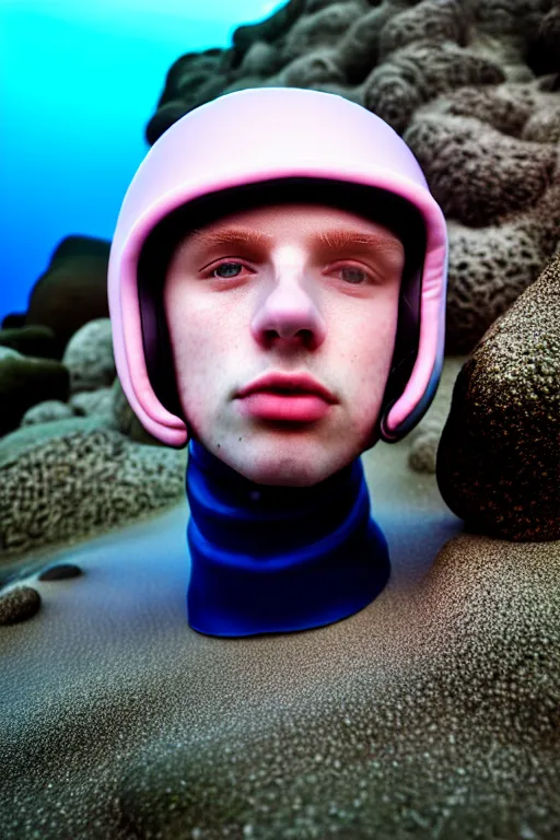 Image similar to high quality pastel coloured film mid angle portrait photograph of a beautiful young 2 0 year old male, soft features, short hair, rubber bike helmet and oversized inflated clothing!!!! icelandic black! rock pool environment. atmospheric three point light. photographic. art directed. ( pastel colours ). volumetric. clearcoat. waves. 8 k. filmic.