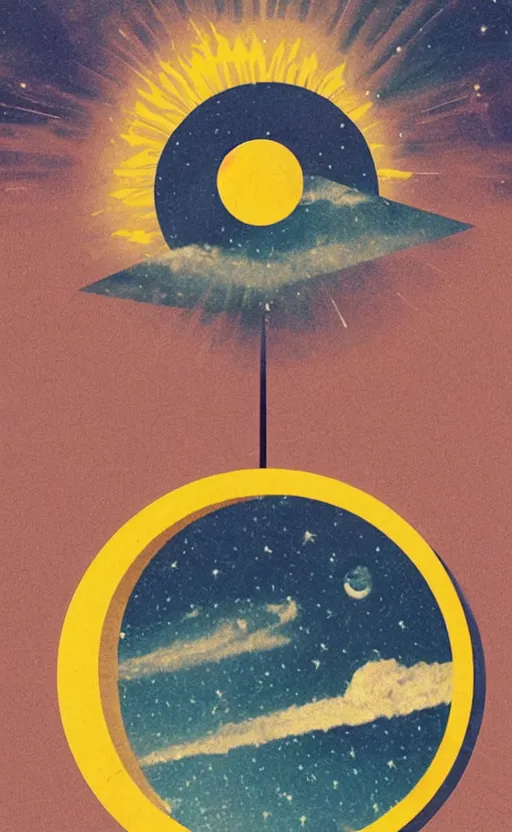 Prompt: a hole torn in the sky like a piece of paper, sunburst and lunar ring, occult, spooky, stars, vast cosmos, sense of longing, rule of thirds, clever design, decorative modern graphic design collage border, by hannah hoch and jesse treece and christian jackson and josh brill