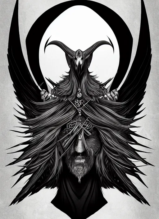 Image similar to warlock with the head of a raven, wind magic, exquisite details, black beard, white background, by studio muti