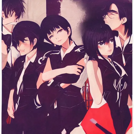 Prompt: kuvshinov ilya painting of an anime metal band photo, direct flash photography at night, film grain