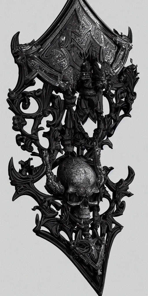 Prompt: a black and silver sword skull crest, ornament, weapon, a 3 d render by dom qwe, trending on polycount, artstation, hard surface modeling, zbrush, symmetry