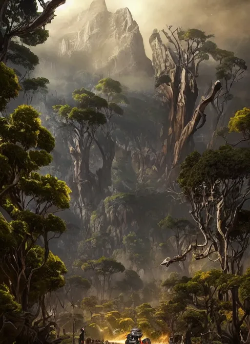 Image similar to hyper realistic robot attacking cape town city beautiful details, gnarly trees, strong composition, poster painted by greg rutkowski, concept art, arcane style, hearthstone wizards of the coast norman rockwell, james gurney and greg rutkowski weta studio, and lucasfilm and best of artstation