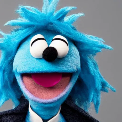 Prompt: rick sanchez as a muppet with blue hair wearing a white lab coat. highly detailed felt. hyper real photo. 4 k.