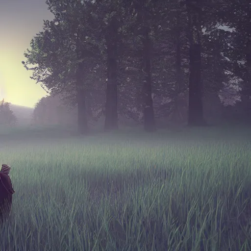 Prompt: old prophet wandering about a meadow. volumetric lighting
