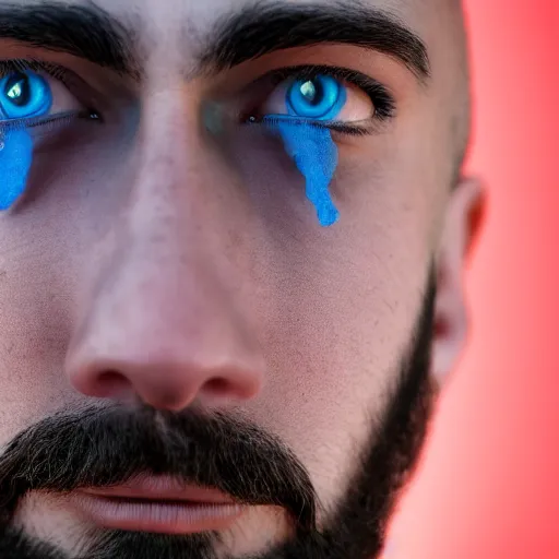 Image similar to fish eye lens close up photograph of a man with blue skin and a goatee side eyeing the camera with a sympathetic look