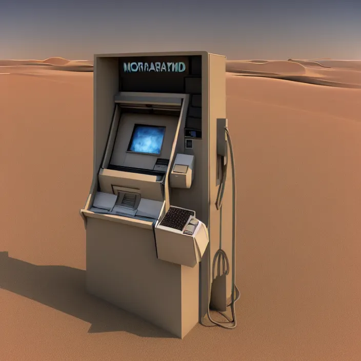 Image similar to hyperrealistic mixed media portrait of a moridly obese man using an ATM machine in the middle of a barren desert wasteland, despair, depressing and hopeless vibe, stunning 3d render inspired art by P. Craig Russell and Barry Windsor-Smith + perfect facial symmetry + dim volumetric lighting, 8k octane beautifully detailed render, post-processing, extremely hyperdetailed, epic composition, grim yet sparkling atmosphere, cinematic lighting + masterpiece, trending on artstation