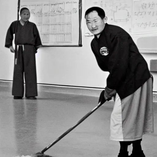 Image similar to genghis khan as a janitor in an elementary school, mopping the floor