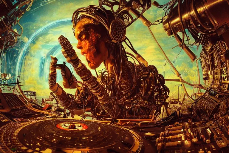 Image similar to a fisheye lens photo of a post apocalyptic tribal cyborg dj tweaking and playing synthesizers in the most complicated and technical spiral fractal musical studio, powerful, cinematic, beautifully lit, by donato giancola, by artgerm, by karol bak, 3 d, perfect face and body, trending on artstation, octane render, 8 k