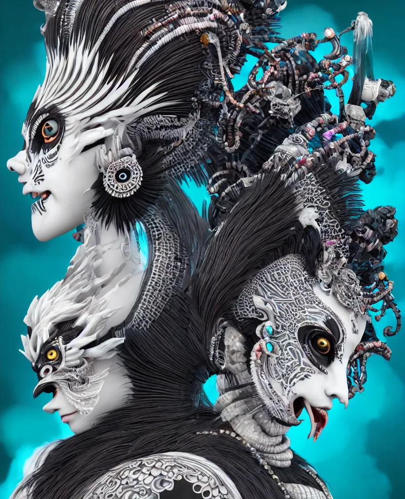 Image similar to 3 d goddess close - up profile portrait punk with mohawk with ram skull. beautiful intricately detailed japanese crow kitsune mask and clasical japanese kimono. betta fish, jellyfish phoenix, bio luminescent, plasma, ice, water, wind, creature, artwork by tooth wu and wlop and beeple and greg rutkowski