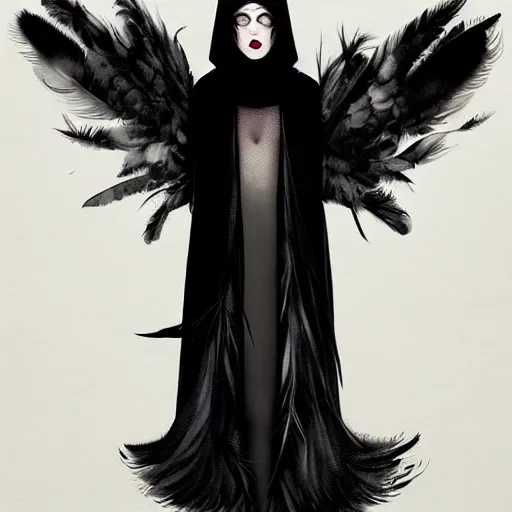 Image similar to portrait soft light, goth woman as mysterious supervillain in black hooded cloak and modestly clothed victorian goth, black feathers instead of hair, black wings instead of arms, gray mottled skin, black feathers growing out of skin, transforming, by frank mccarthy and conrad roset, inspired by flash gordon, paintbrush, rough paper, fine,