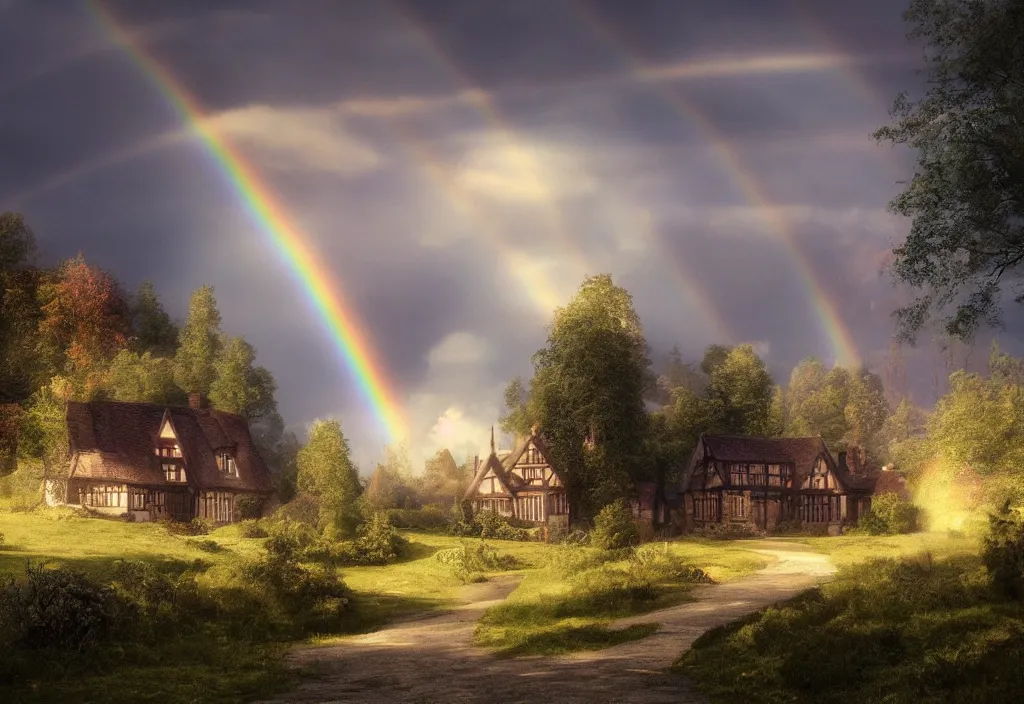 Image similar to a tudor house on a hillside, a gravel path leading towards it, well lit sky, sun shower, rainbow, cinematic view, detailed architecture, concept art, high detail, well lit, volumetric, godrays, vivid, trending on artstation,