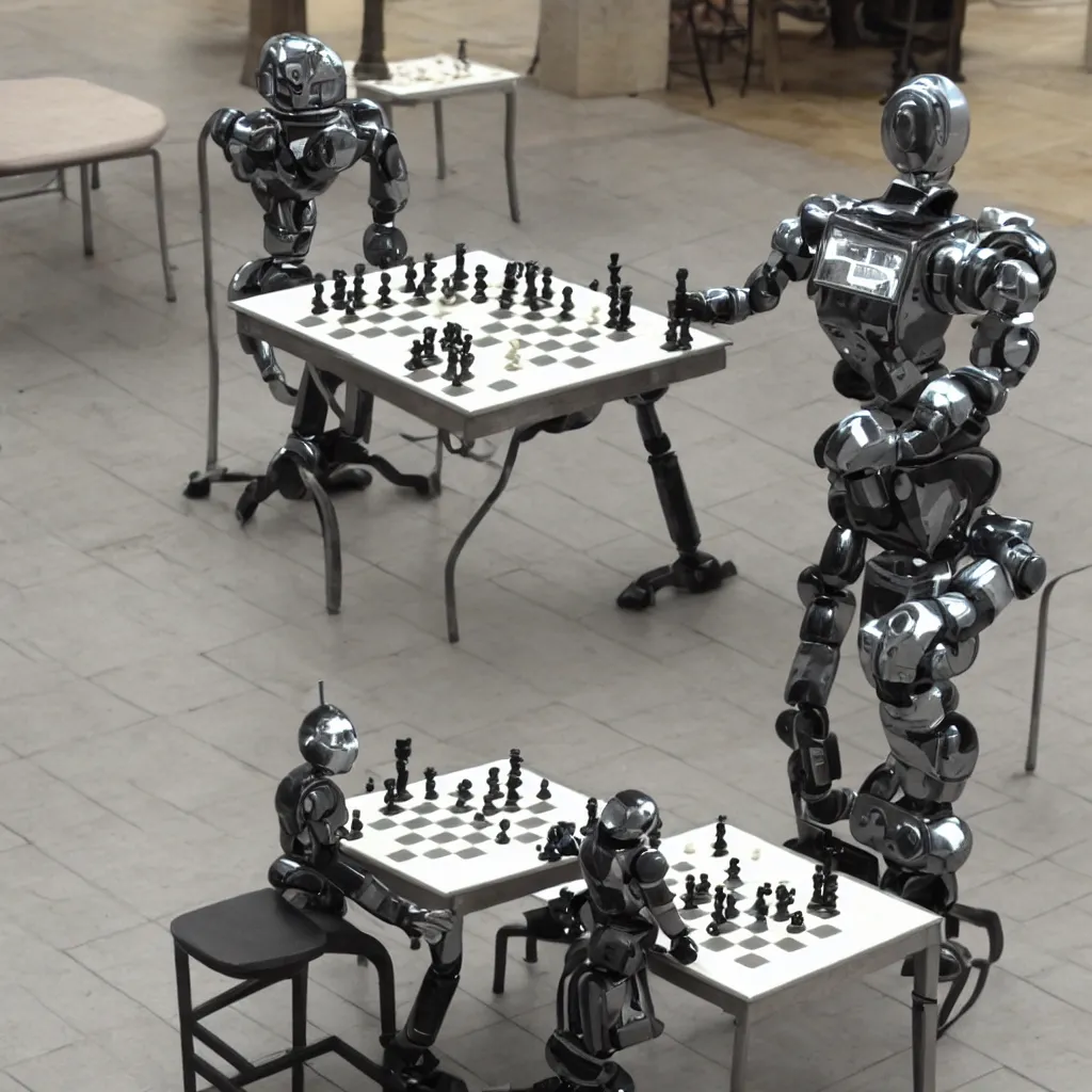 Prompt: clever robot playing chess sitting at a table