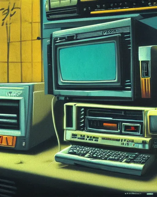 Image similar to a monitor amongst 8 0 s era technology, vintage shapes, retro technology, vintage color, wayne barlow, oil on canvas, deep depth of field, masterpiece, cinematic composition, hyperdetailed