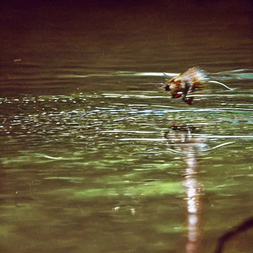 Prompt: 35mm photo of a rat fishing at a riverbank, water, well lit, bright and fun colors