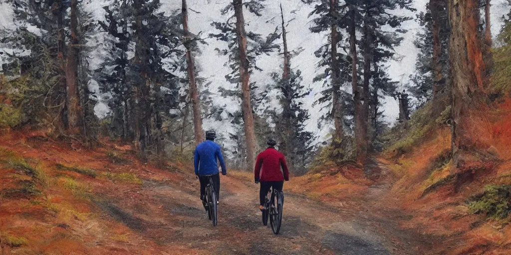 Image similar to Exact two men biking alone up a steep forest hill. One with a deep dark blue sweater and the other with a wine red sweater. sweaty. Oil painting. Emotional. Trending on artstation. Steep. Nordic Trees. Rustic. Artistic.