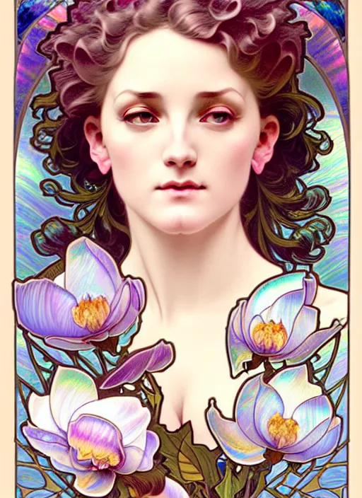 Prompt: magnolias, rococo and art nouveau fusion, iridescent diaphanous refractive and reflective flower bouquet, tarot card, highly detailed, deep focus, elegant, digital painting, smooth, sharp focus, illustration, ultra realistic, 8 k, art by artgerm and alphonse mucha