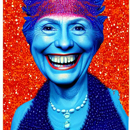 Image similar to portrait of president hillary clinton as a smiling laughing bright orange lizard person with bumpy skin, airbrush painting, hyper detailed, 8 k, photorealism, rule of thirds, glitter.