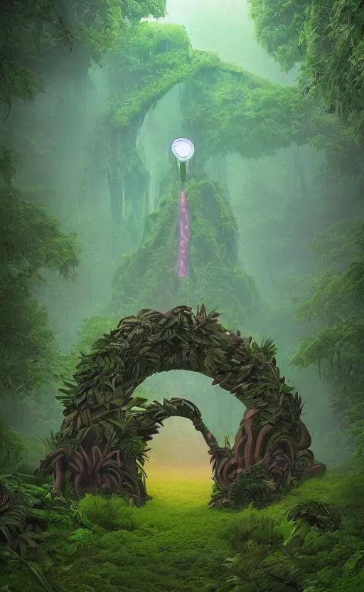 Image similar to the portal in the forest in the style of Roger Dean and beeple, 35mm, photo realistic, epic, cinematic