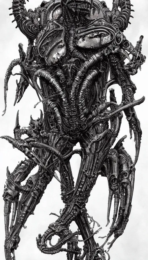 Prompt: Xenomorph themed painting of symmetrical torso black and grey inferno armor with extended evil armored hands concept, intricate artwork by H.R. Giger, Johnatan Wayshak, Zdizslaw Beksinski, Ayami Kojima, Amano, Karol Bak, Moebius, and Mark Brooks, Neo-Gothic, gothic, rich deep colors, art by Takato Yamamoto, masterpiece, face by Artgerm, very coherent artwork, cinematic, hyper realism, high detail, octane render, unreal engine, 8k, High contrast, golden ratio, trending on cgsociety