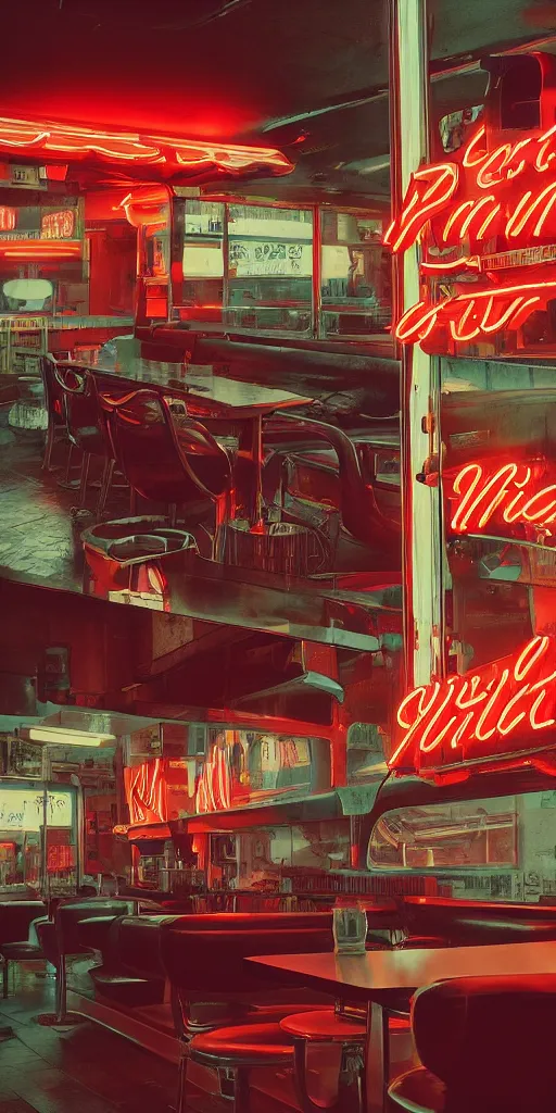 Image similar to vertical movie frame 6 0's retro diner interior, neon - decorated urban on night in the city seen through the window, modern interior design, architectural design, vintage, night blade runner, dark, postapocalyptic, clean lines, 4 k, octane, miyazaki film, lunarcore city seen at distance outside, big windows, octane, wide angle