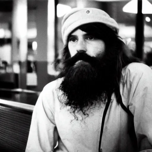 Prompt: A man with a beard and long hair sitting alone in a McDonald's, analog film, 1970s