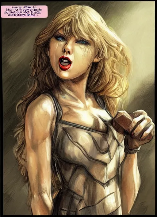 Image similar to beautiful concept art comic book drawing of taylor swift imitating an uruk - hai by randy vargas and simon bisley