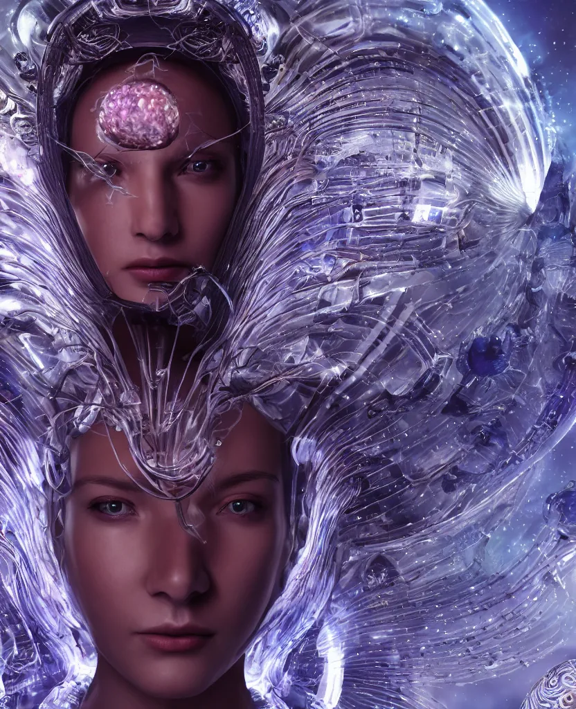 Image similar to epic futuristic ancient close-up macro portrait of the face of a beautiful princess, epic angle and pose, symmetrical artwork, 3d with depth of field, blurred background, cybernetic jellyfish crystal, obsidian, female face skull phoenix bird, translucent, nautilus, energy flows of water and fire. a highly detailed epic cinematic concept art CG render. made in Maya, Blender and Photoshop, octane render, excellent composition, cinematic dystopian brutalist atmosphere, dynamic dramatic cinematic lighting, aesthetic, very inspirational, arthouse. y Greg Rutkowski, Ilya Kuvshinov, WLOP, Stanley Artgerm Lau, Ruan Jia and Fenghua Zhong