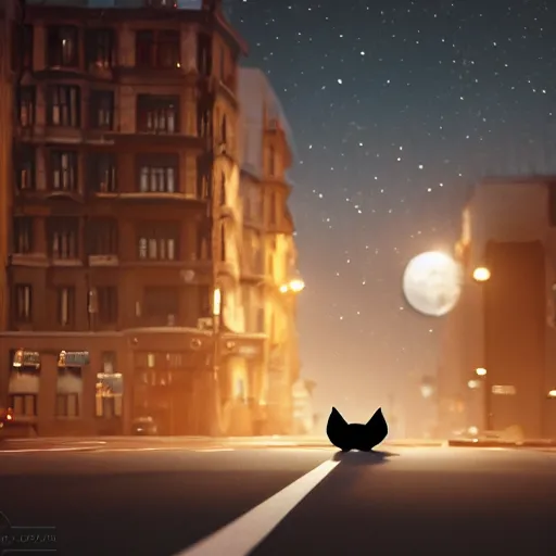 Image similar to black cat with big eyes in the middle of the street at mid night with the moon in the sky. Award winning. Unreal 5. Realistic. Highly detailed. Artstation. Professional photographer.