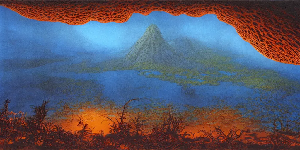 Image similar to Artwork by John Howe of the cinematic view of Jojunan, a breathtaking plane of jungles of blue tentacles, radioactive lakes, and desert valleys, lit by a warm orange twilight.