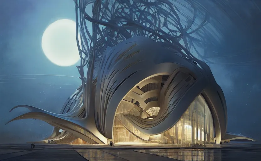 Image similar to exterior shot of utopian architecture building with cinematic lighting by zaha hadid and renzo piano, darek zabrocki and greg ruthkowski, alphonse mucha, simon stalenhag, cinematic, stars, beautiful, holy place, paradise, scifi, futurism, atmospheric, sunset, concept art, artstation, trending on artstation