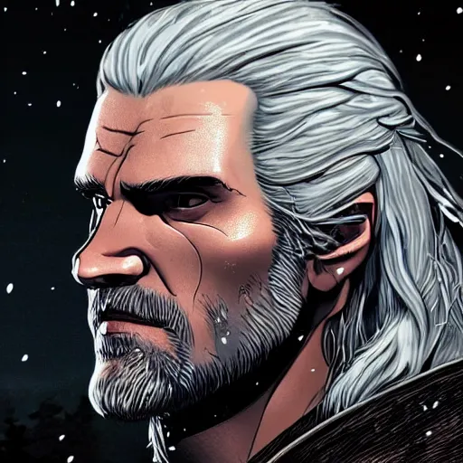 Prompt: a highly detailed close up portait of witcher Geralt of Rivia ((geralt of rivia)) in the dark burning forest by studio ghibli, Makoto Shinkai, artgerm and Atey Ghailan, Goro Fujita, 4K, highly detailed, inspired by dark souls ((vibrant but dreary brown, blue and black color scheme))