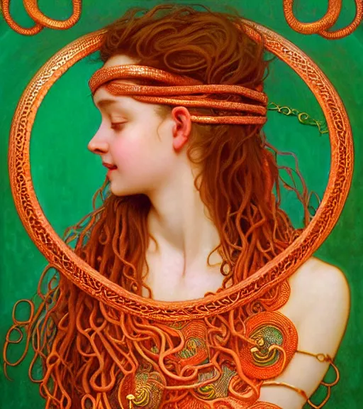 Image similar to portrait of teenage medusa, snake hair, naughty smile, wearing an embroidered orange tunic, intricate, sensual, sultry, elegant, copper and emerald jewelry, glowing lights, seductive, highly detailed, digital painting, artstation, concept art, smooth, sharp focus, illustration, art by wlop, mucha, artgerm, and greg rutkowski