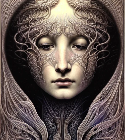 Image similar to detailed realistic beautiful ice goddess face portrait by jean delville, gustave dore, iris van herpen and marco mazzoni, art forms of nature by ernst haeckel, art nouveau, symbolist, visionary, gothic, neo - gothic, pre - raphaelite, fractal lace, intricate alien botanicals, ai biodiversity, surreality, hyperdetailed ultrasharp octane render