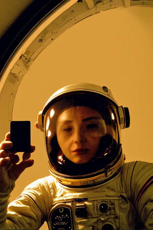 Prompt: extremely detailed studio portrait of space astronaut taking a selfie, holds a smart phone in one hand, phone!! held up to visor, reflection of phone in visor, moon, extreme close shot, soft light, golden glow, award winning photo by letizia battaglia