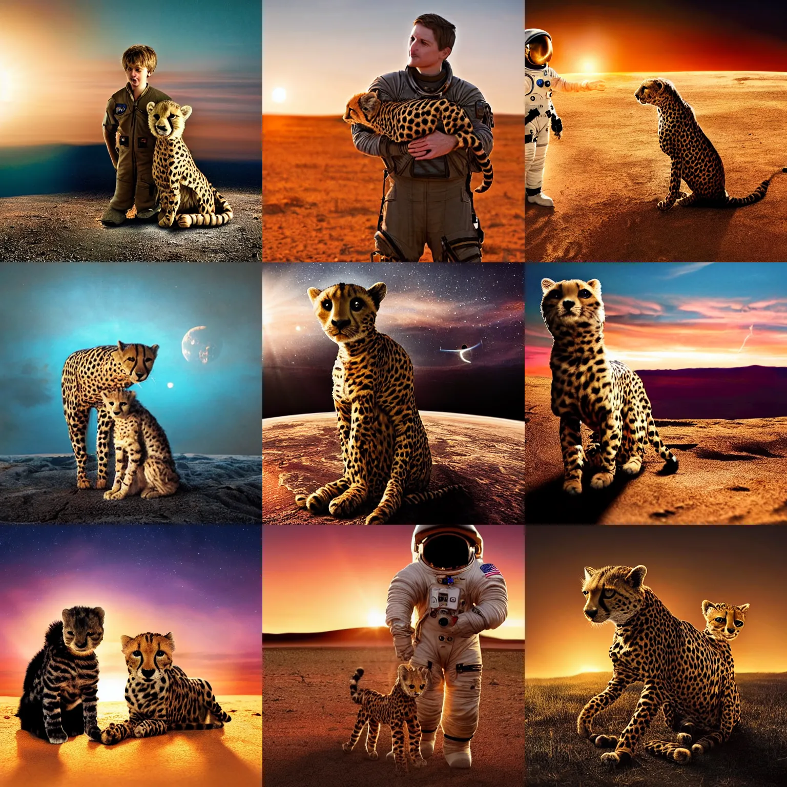 Prompt: award winning photograph of an astronaut and his pet cheetah at sunset, highly detailed, dramatic lighting, HD photography, movie still