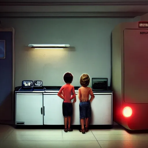 Prompt: two kids in front of the tv at night, cinematic shot, 80s film photo, emergency vehicle lights, glowing refrigerator, 35mm, kodak portra, part by tom bagshaw, part by annie leibovitz, artstation