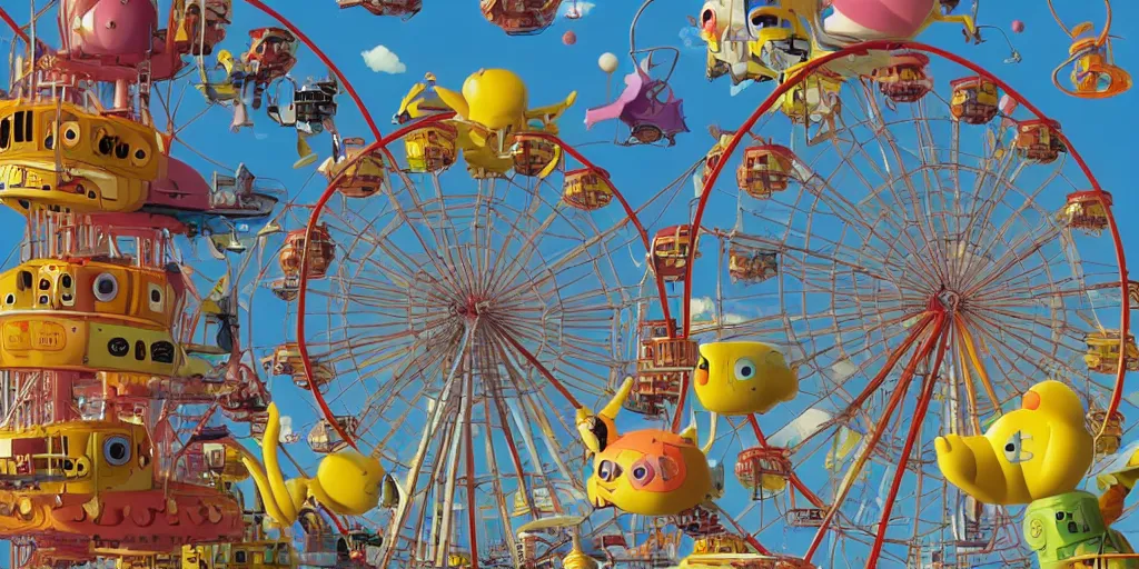 Prompt: cute anime monsters on a Ferris wheel by Os Gemeos and Goro Fujita and Simon Stalenhag, 8k, trending on artstation, hyper detailed, cinematic