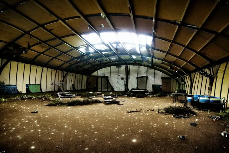 Prompt: post apocalyptic over grown indoor leisure centre shelter, night time, barrel fires and tents, dystopian, dirty