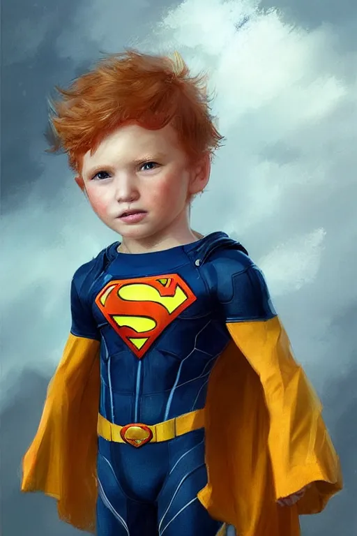 Image similar to a little boy with a michievous face and ginger hair. he is dressed as a superhero. clean elegant painting, beautiful detailed face. by artgerm and greg rutkowski