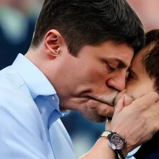 Image similar to Vladimir Putin kissing Zelensky ultra realistic