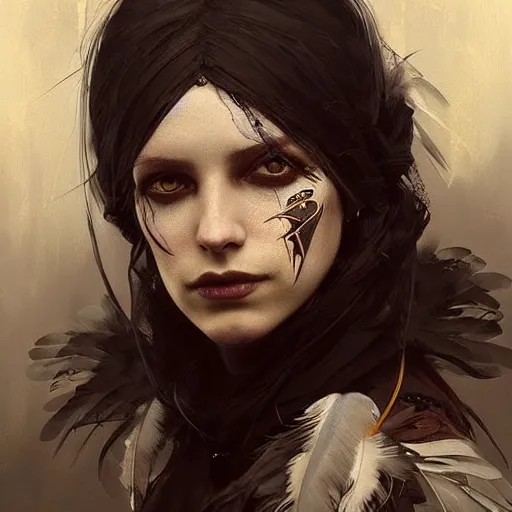 Image similar to hyper realistic portrait painting, beautifully rendered, gorgeous young witch with ceremonial markings and black feathers painted by greg rutkowski, wlop, artgerm, dishonored 2