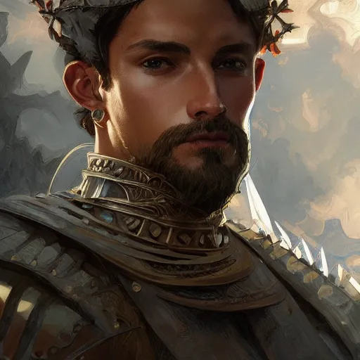 Image similar to portrait of a male knight, D&D, fantasy, intricate, elegant, highly detailed, digital painting, artstation, concept art, smooth, sharp focus, illustration, art by artgerm and greg rutkowski and alphonse mucha