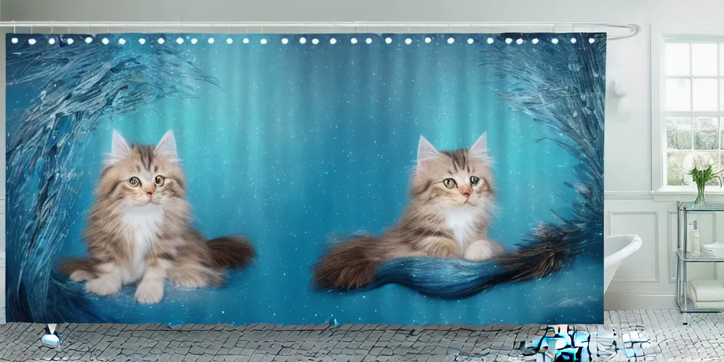 Image similar to a main coon kitten little mermaid shower curtain, product photography. 4 k, highly detailed.