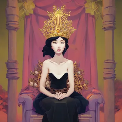 Image similar to stylized minimalist a beautiful black haired woman with pale skin and a crown on her head sitted on an intricate metal throne, loftis, cory behance hd by jesper ejsing, by rhads, makoto shinkai and lois van baarle, ilya kuvshinov, rossdraws global illumination,