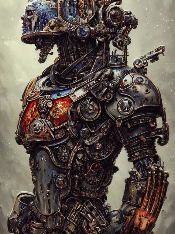 Image similar to art portrait of an undead space marine royalty, intricate detailed armour ,8k,by tristan eaton,Stanley Artgermm,Tom Bagshaw,Greg Rutkowski,Carne Griffiths, Ayami Kojima, Beksinski, Giger,trending on DeviantArt,face enhance,hyper detailed,minimalist,cybernetic, android, blade runner,full of colour,