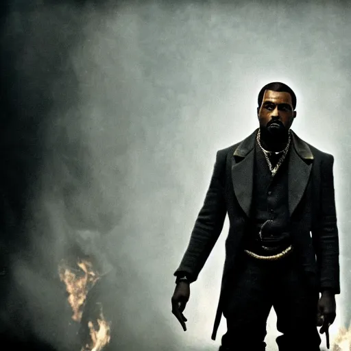 Prompt: Kanye West as Django in 'Django Unchained', splash art, movie still, cinematic lighting, detailed face, dramatic, octane render, long lens, shallow depth of field, bokeh, anamorphic lens flare, 8k, hyper detailed, 35mm film grain
