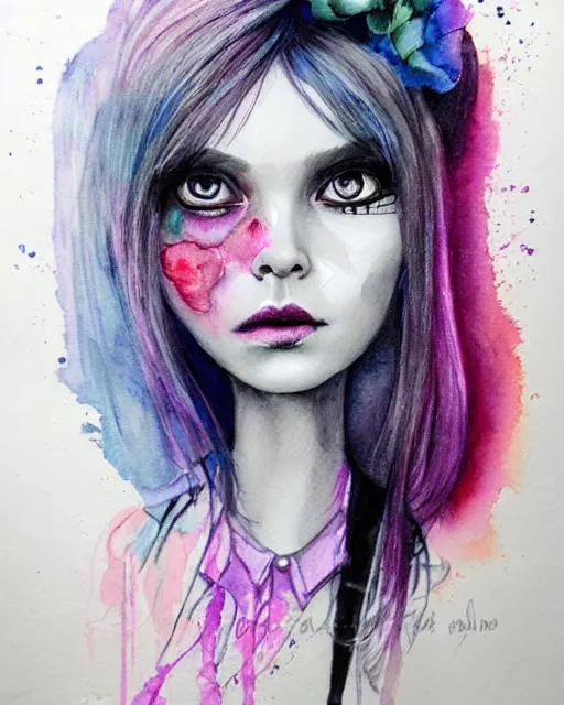 Image similar to pencil portrait with watercolor of a monster high doll, beautiful face, by sabrina eras, alice x. zhang, agnes cecile, blanca alvarez, very detailed