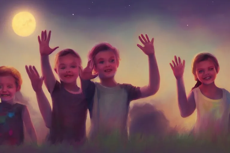 Prompt: portrait painting of cute little kids waving their hands, dreamy matte colors, night time, photorealistic faces and skin tones, volumetric lighting, smooth, trending on artstation, moonlit backdrop, 4 k