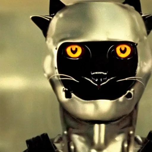 Image similar to a still of a cat as the terminator ( 1 9 8 4 ), glowing eyes metallic